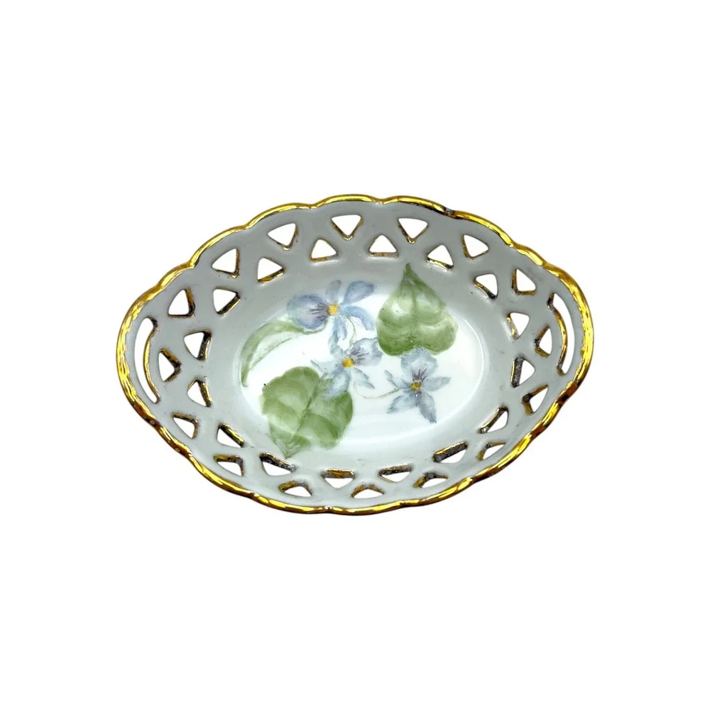 Vintage Hand Painted Hamilton Porcelain Lattice Trinket Dish Violets Gold Trim